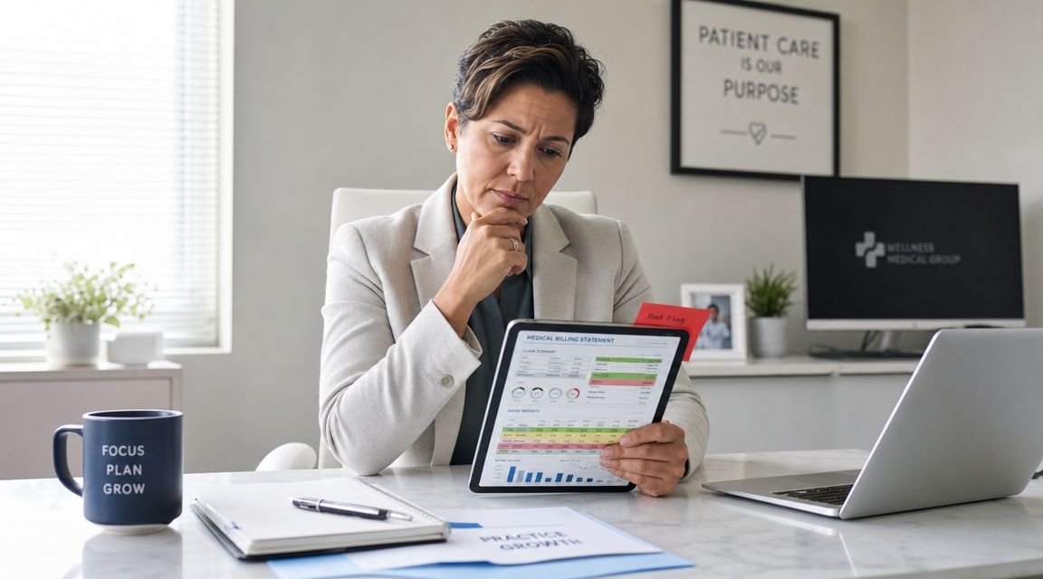 A professional woman in a business suit reviewing medical billing statements on a tablet in her office.