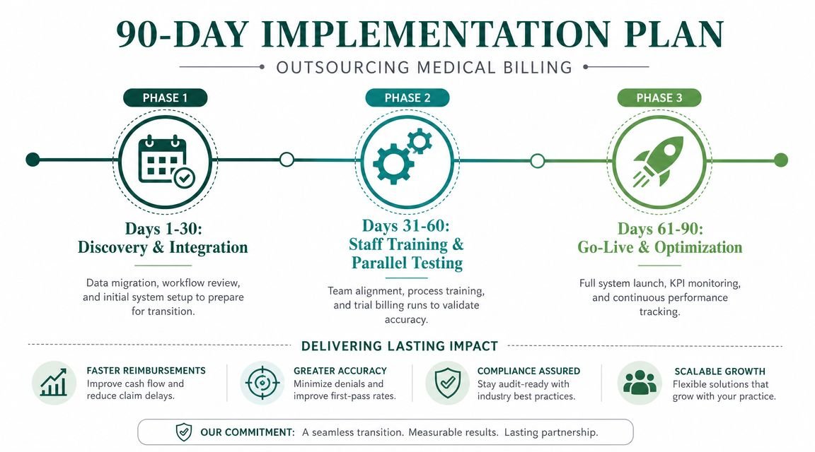 A 90-day implementation plan infographic for outsourcing medical billing, detailing phases for discovery, training, and go-live.