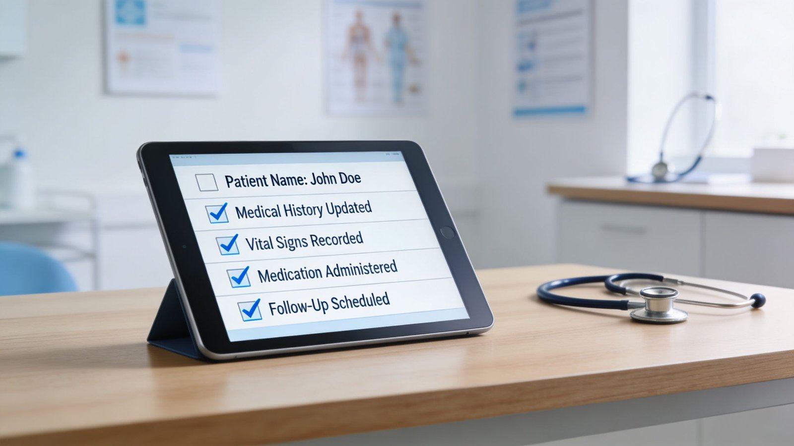 A digital tablet displaying a patient checklist with a stethoscope on a wooden doctor office desk.