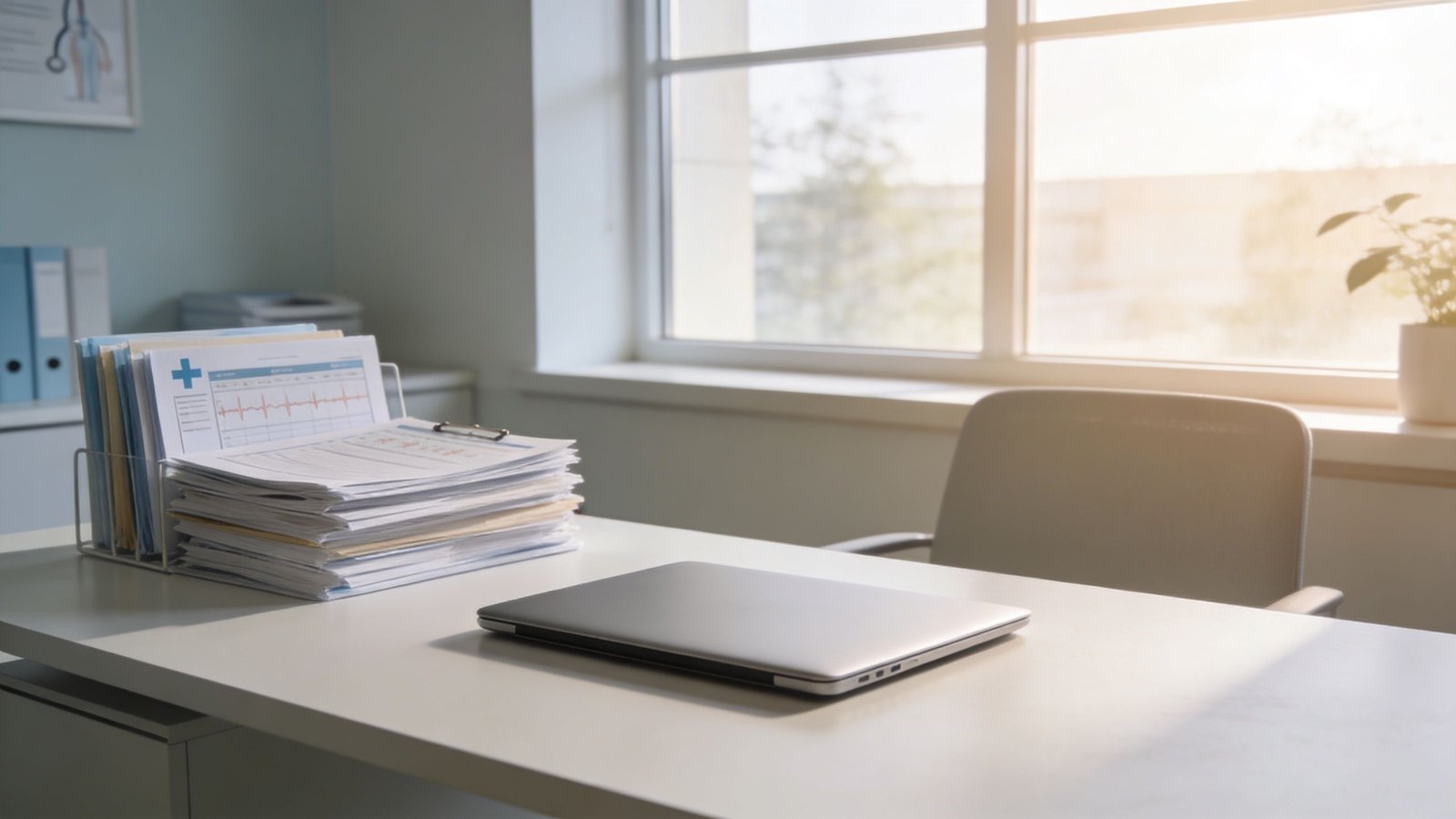A clean office desk featuring a closed laptop and a stack of medical records with heartbeat charts.