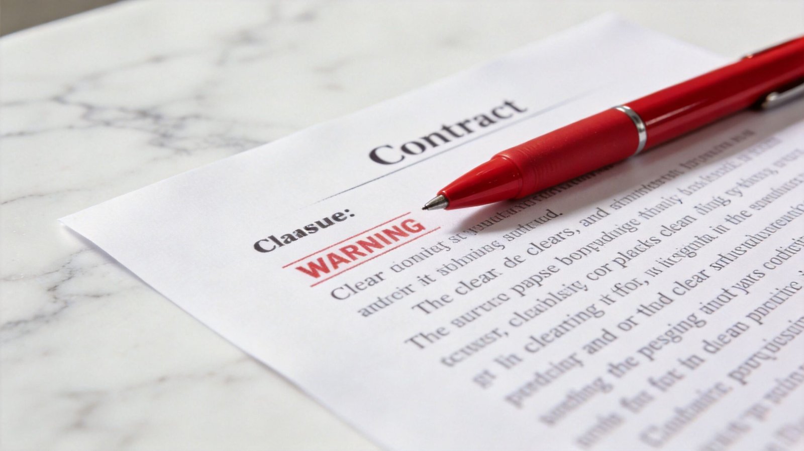 A close up view of a red pen resting on a contract document featuring a warning clause.