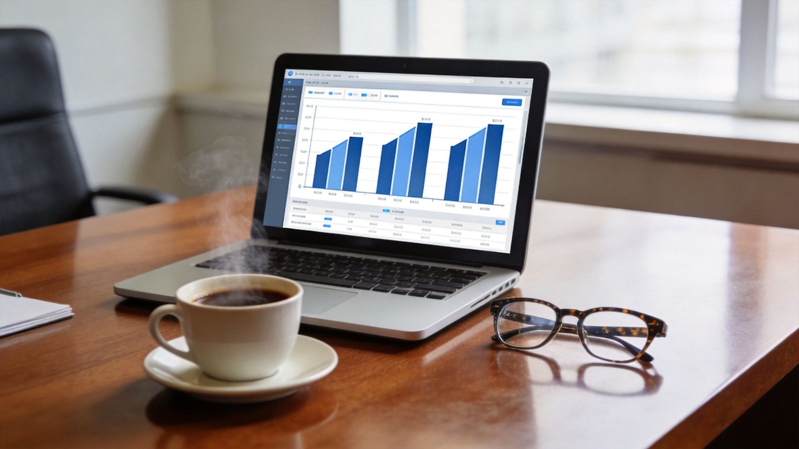 A laptop displaying financial charts next to a steaming cup of coffee and glasses on a desk.