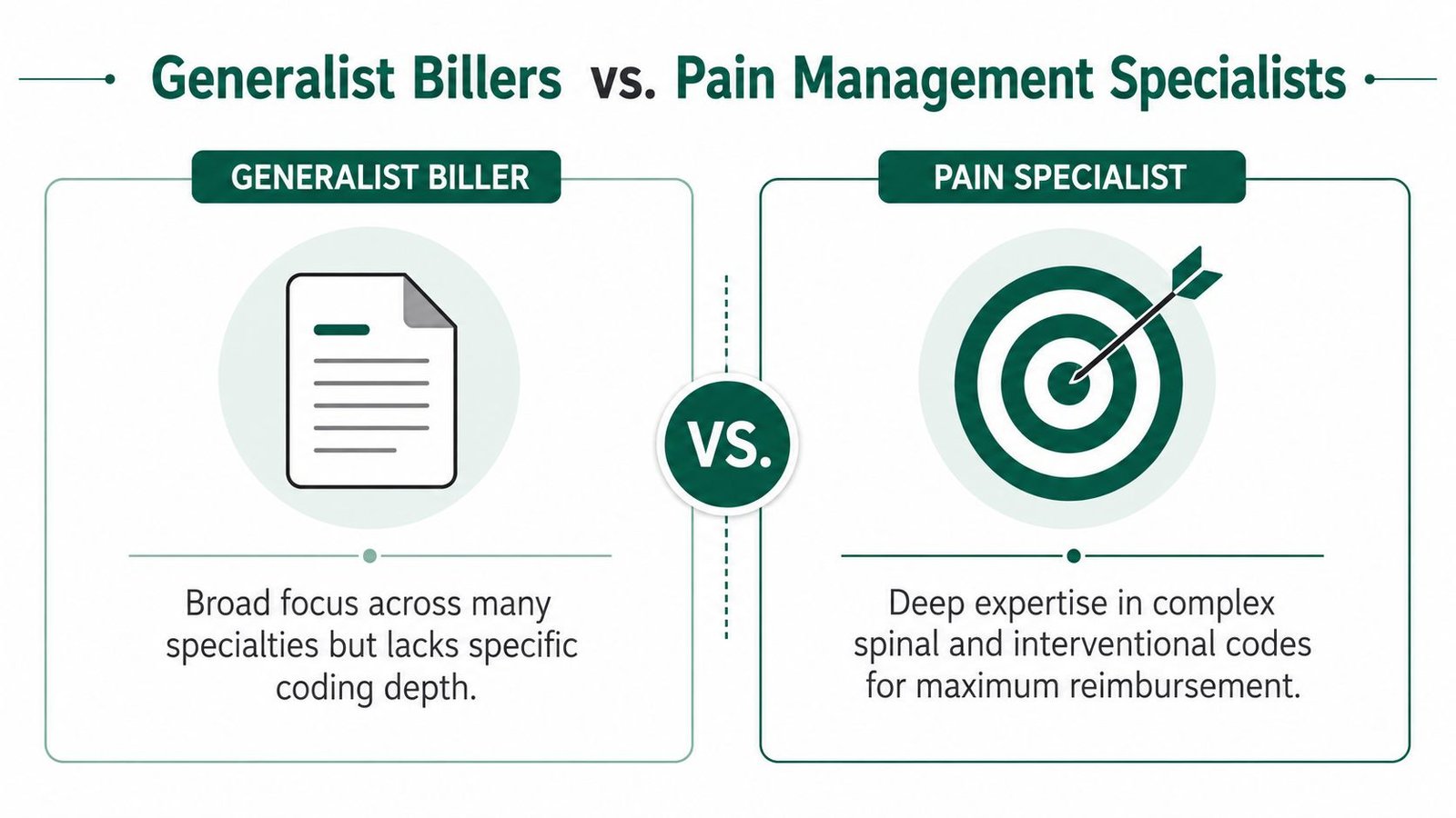 A comparison chart showing the differences between generalist medical billers and specialized pain management billing experts.