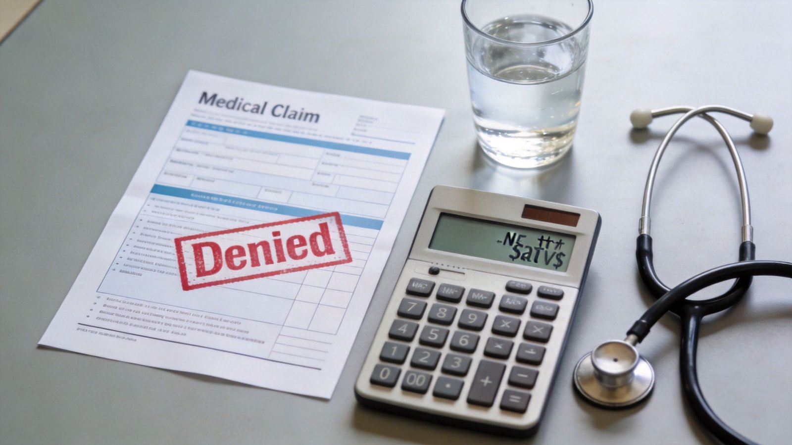 A denied medical claim form with a calculator and stethoscope resting on a clean office desk.