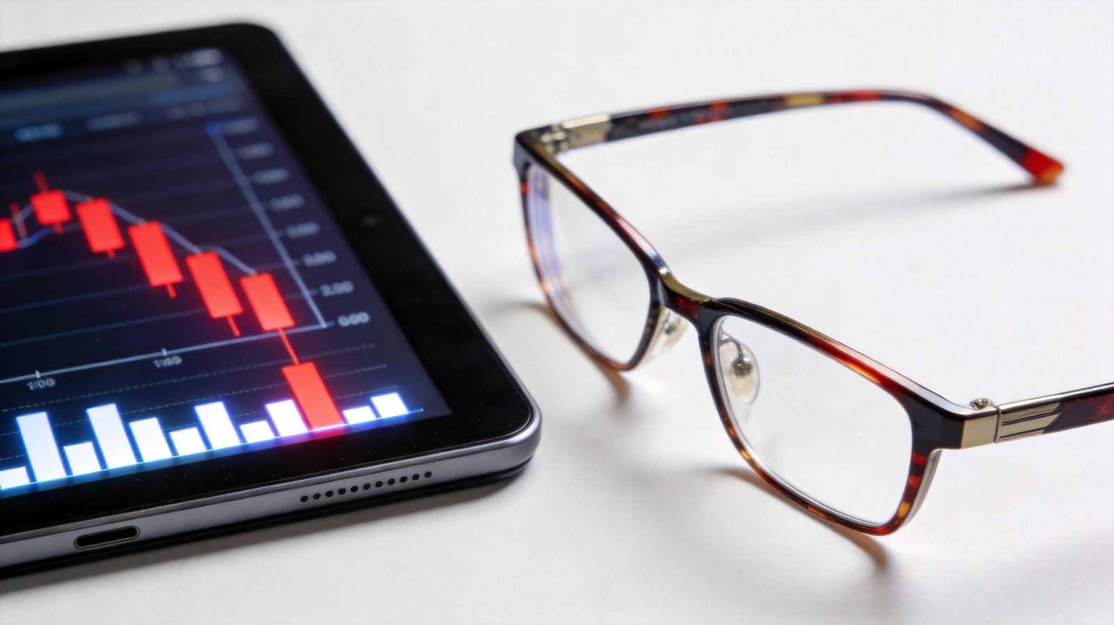 A digital tablet displaying a downward trending financial stock chart next to a pair of glasses.