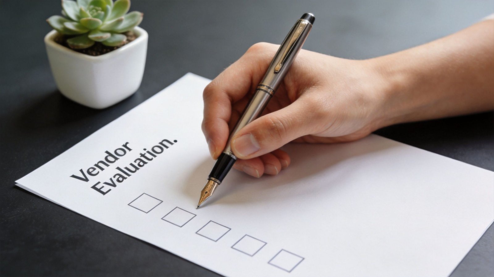 A hand holds a fountain pen over a document titled Vendor Evaluation with empty checkboxes below.
