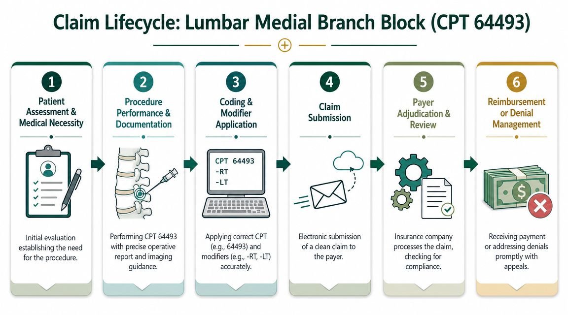 A six-step infographic detailing the claim lifecycle for a Lumbar Medial Branch Block procedure.