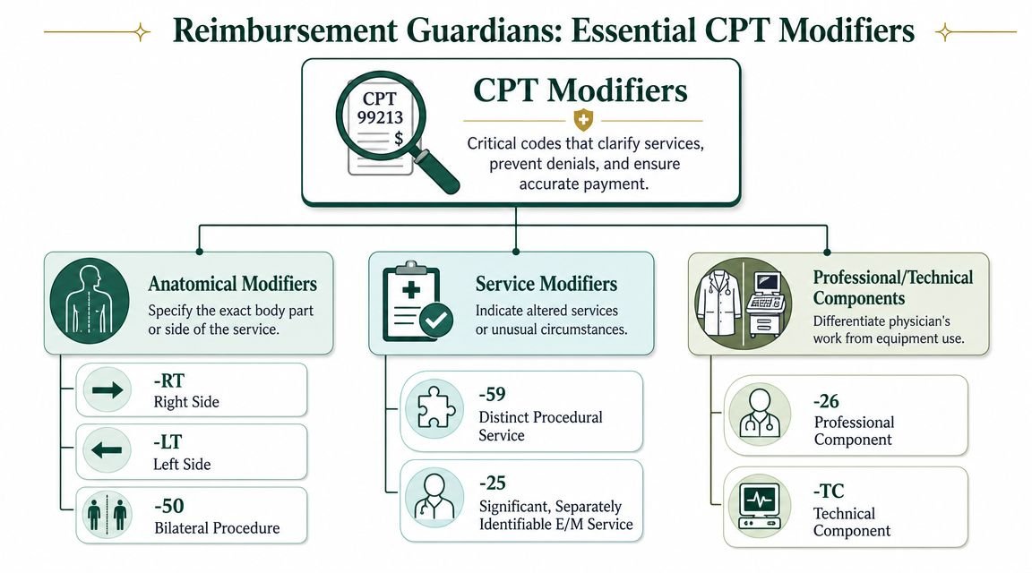 A visual guide illustrating essential CPT medical billing modifiers for anatomical, service, and professional or technical components.