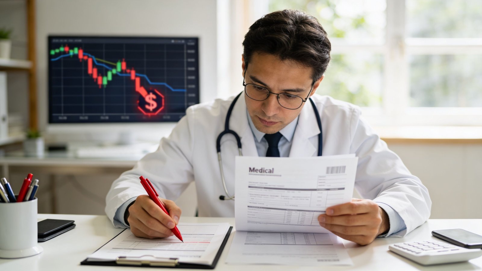 A focused male doctor reviewing medical documentation at his office desk with a financial graph in background.