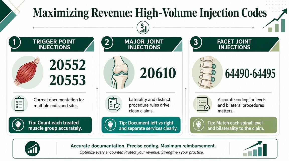 An infographic titled Maximizing Revenue detailing CPT codes for trigger point, major joint, and facet joint injections.