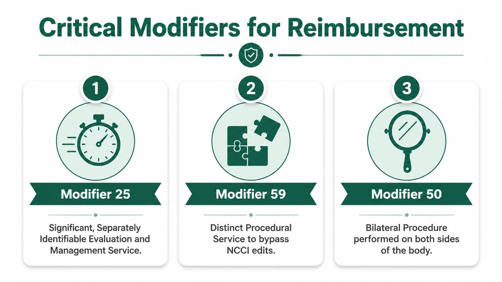 A visual guide explaining key medical billing modifiers 25, 59, and 50 for insurance reimbursement purposes.