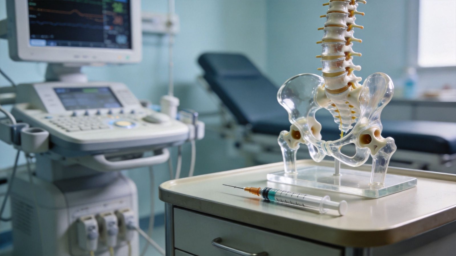 A medical syringe placed on a tray next to an anatomical model of a human spine and pelvis.