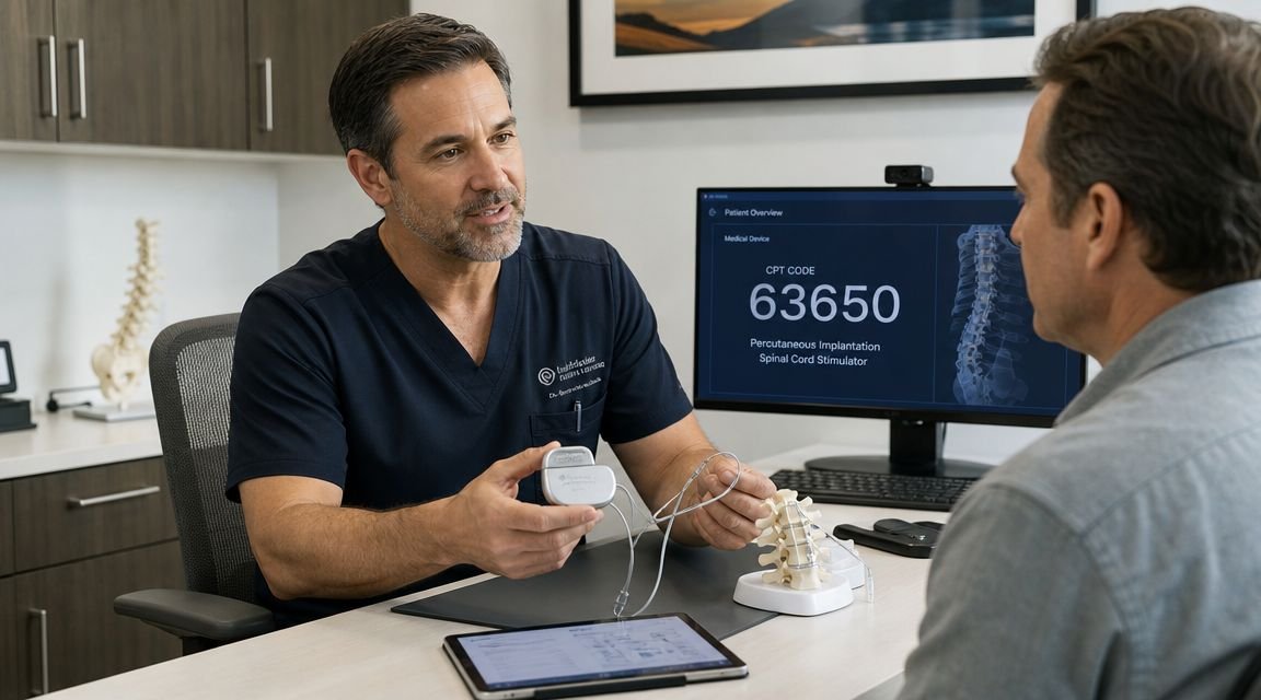 A doctor explaining a spinal cord stimulator device to a patient during a medical consultation.