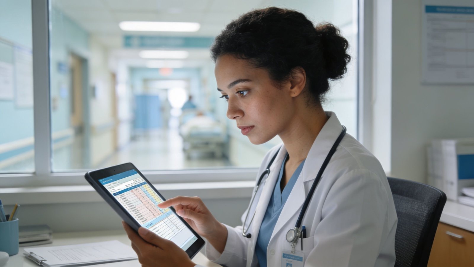 A focused female doctor in a white coat uses a digital tablet in a bright hospital office.