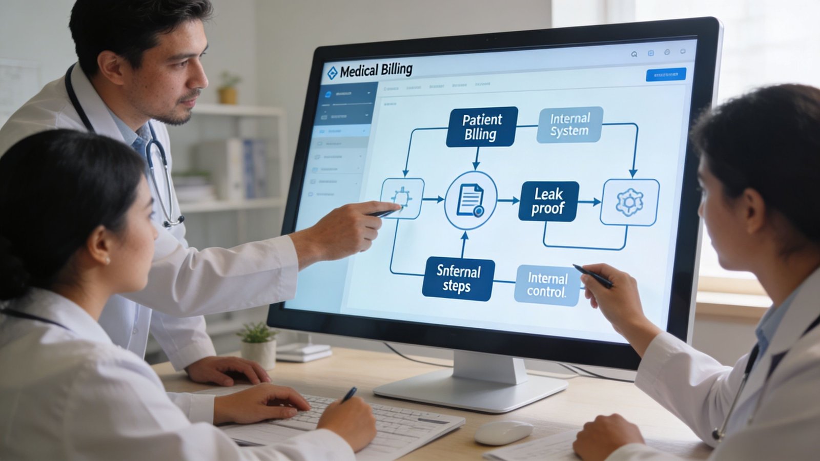Three medical professionals reviewing a digital diagram of a medical billing and internal control workflow process.