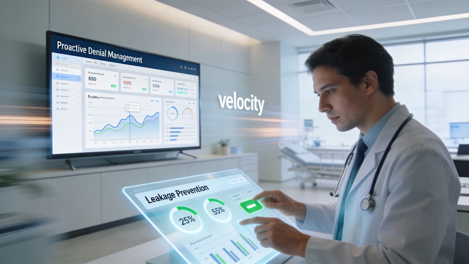 A doctor using a futuristic holographic interface to analyze revenue cycle management and denial prevention data.
