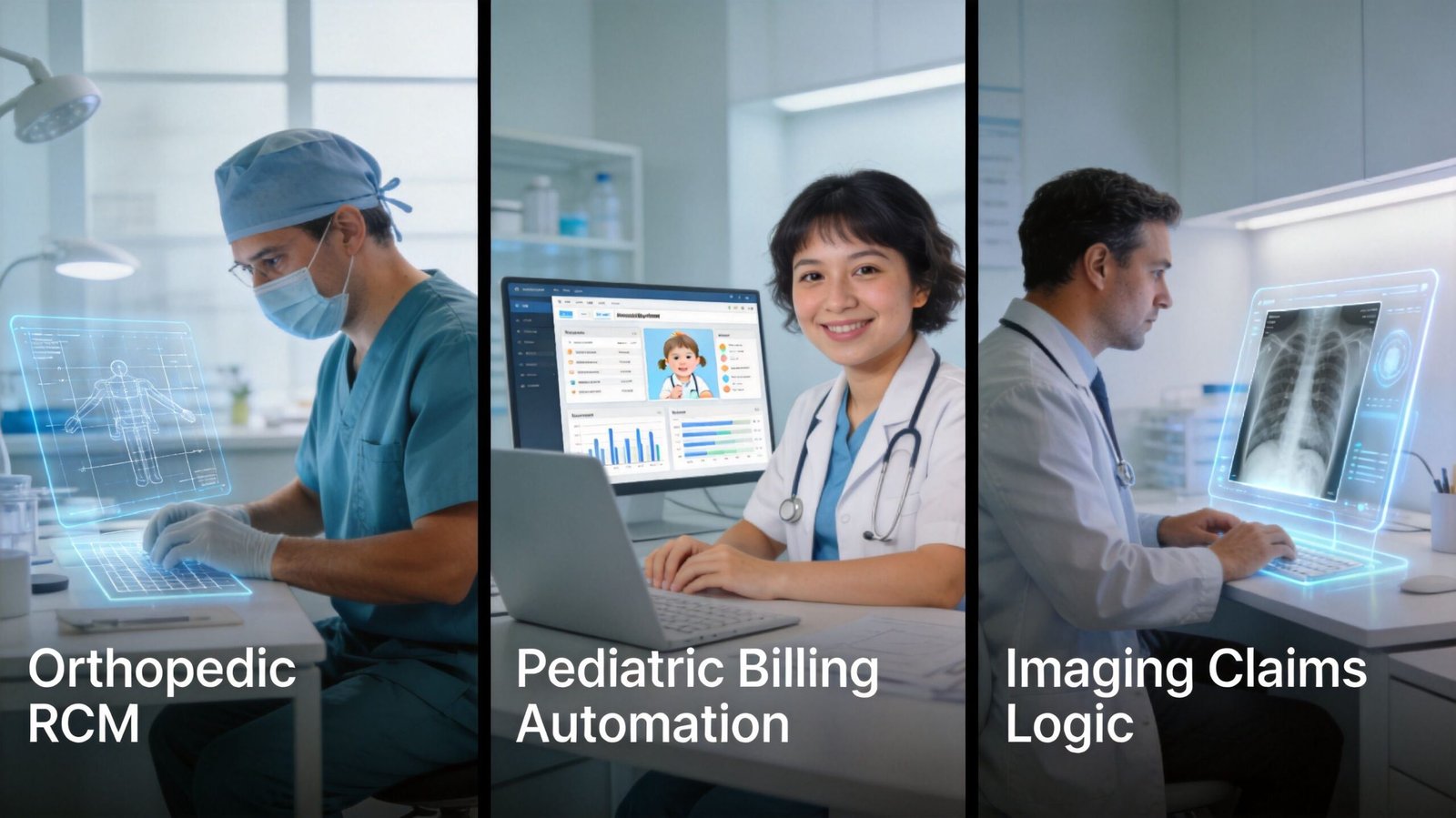 Medical professionals using advanced digital interfaces for orthopedics, pediatric billing, and diagnostic imaging revenue cycle management.