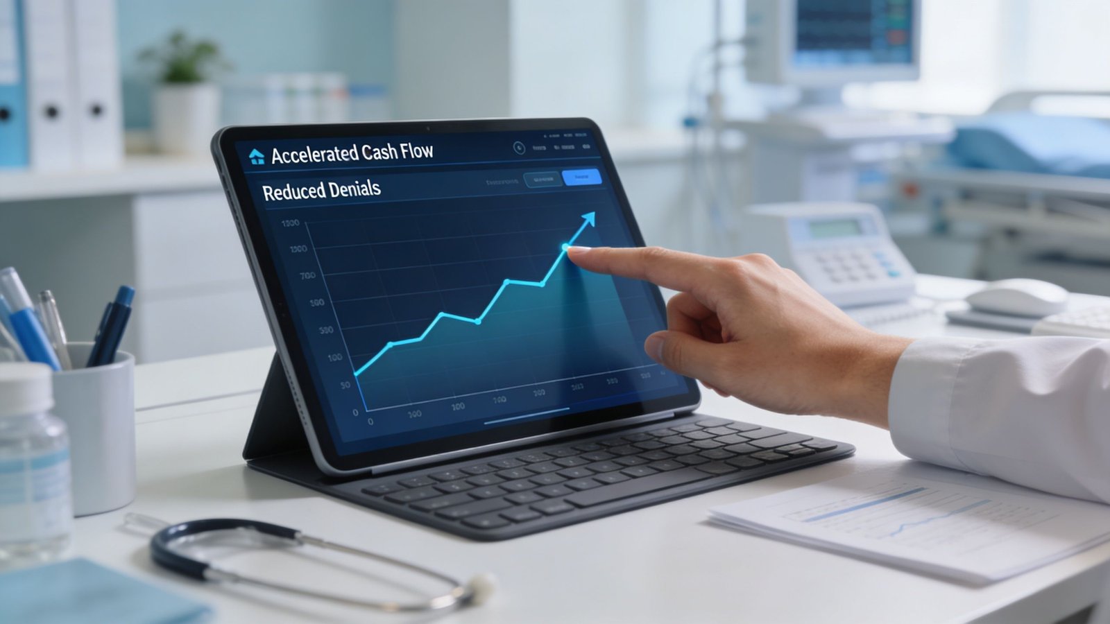 A healthcare professional analyzing an upward trending chart on a tablet displaying revenue cycle management data.