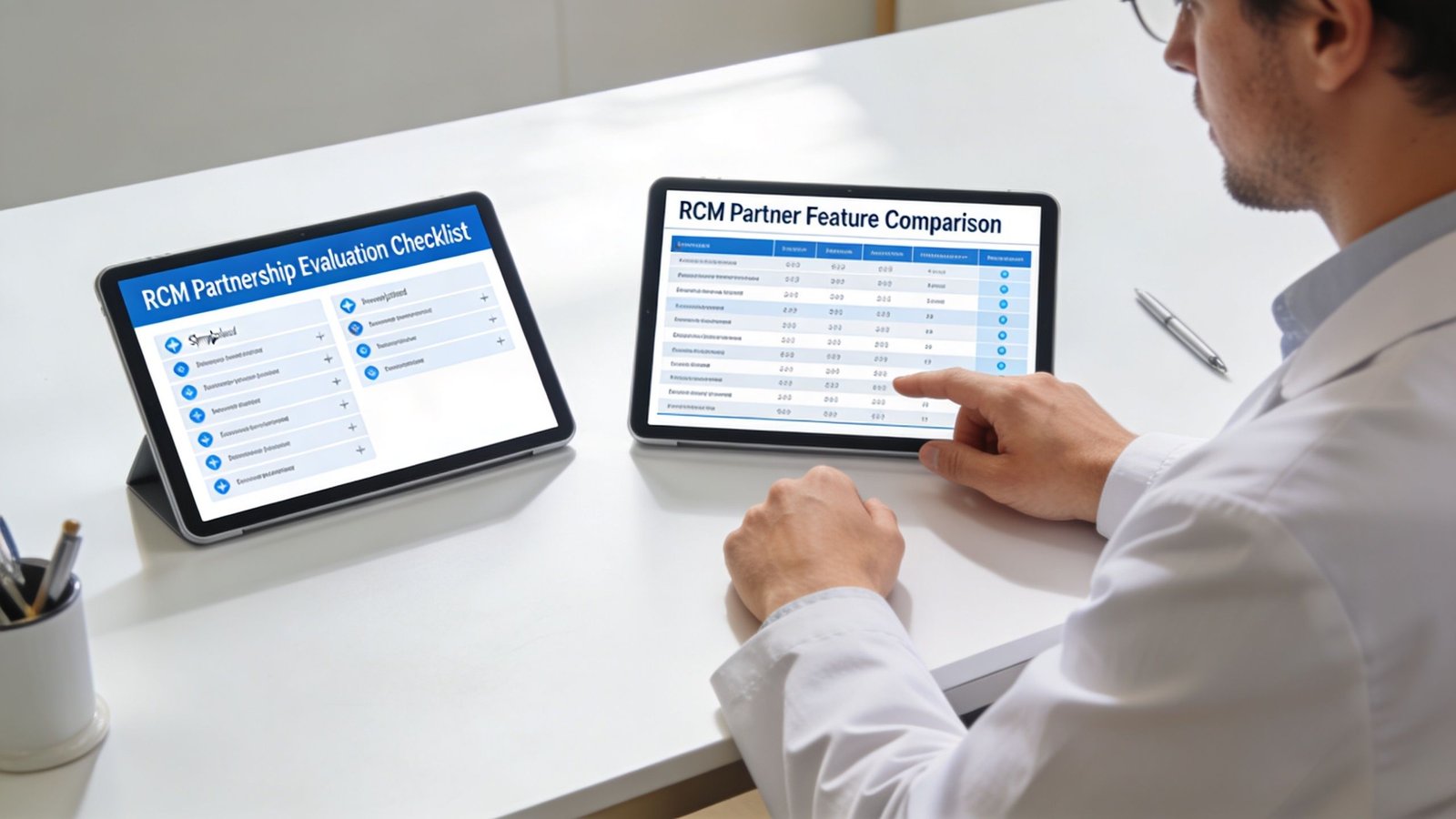 A professional analyzing RCM partner feature comparisons on two tablet devices at a desk.