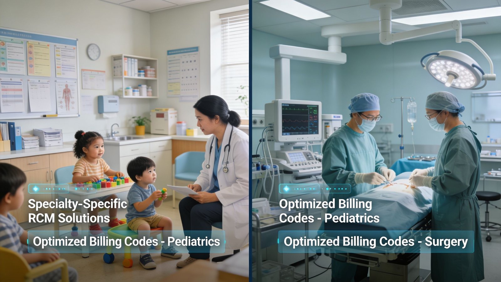 A split-screen comparison showing a pediatrician with children and surgeons performing an operation in a hospital.
