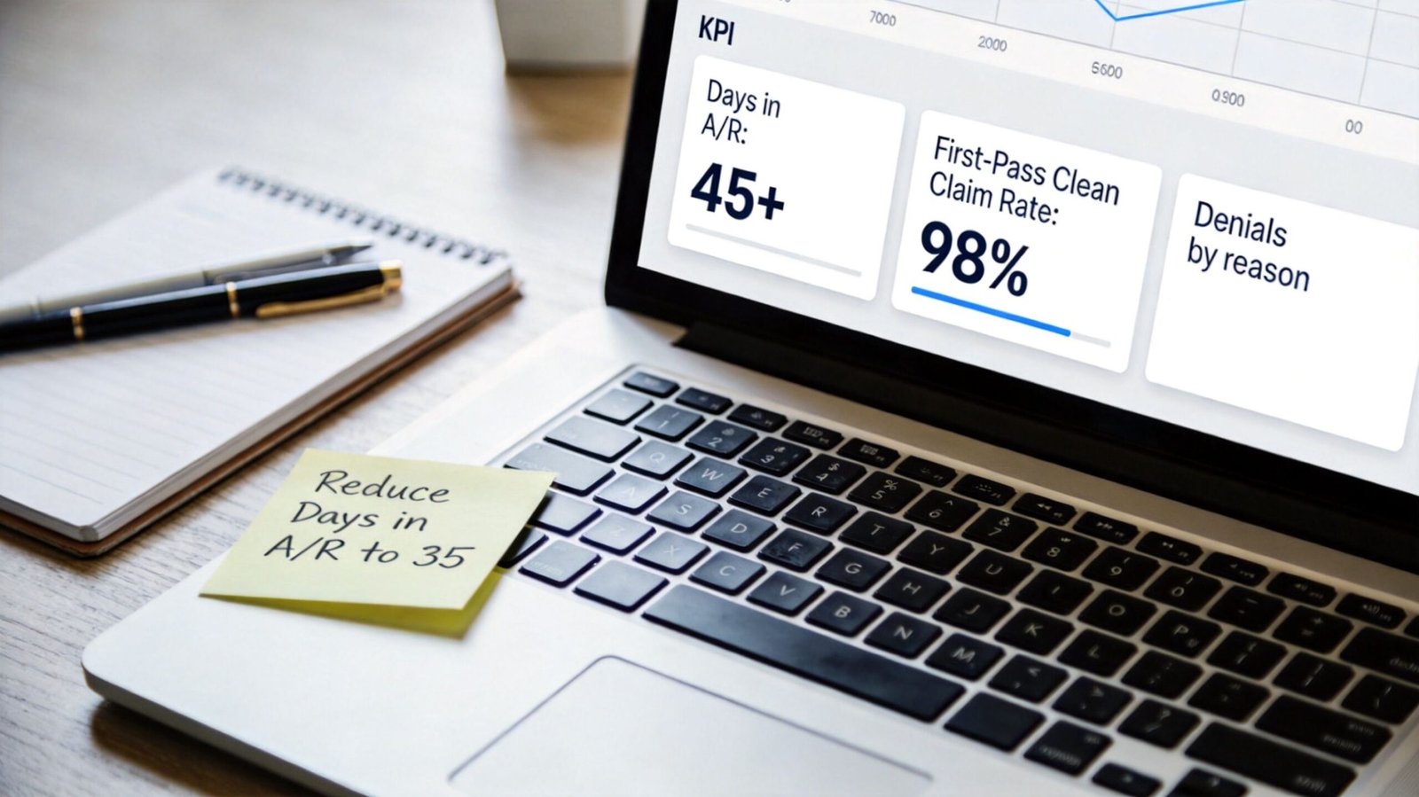 A laptop screen showing medical revenue cycle KPIs next to a sticky note suggesting a goal.