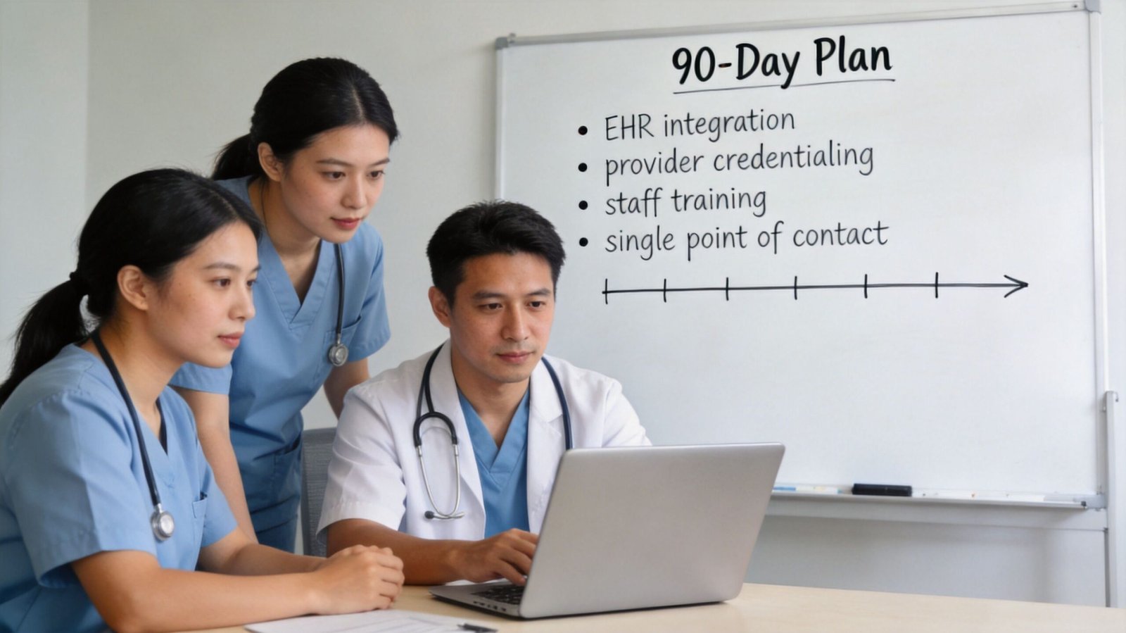 A team of medical professionals collaborating on a 90-day plan in an office meeting setting.