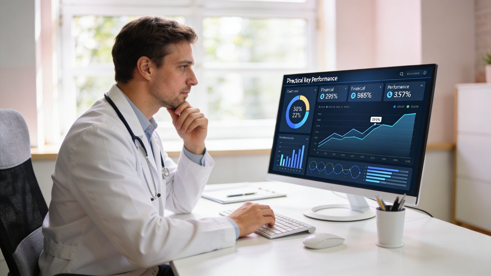 A focused male doctor in a white coat viewing healthcare financial performance data on a computer monitor.
