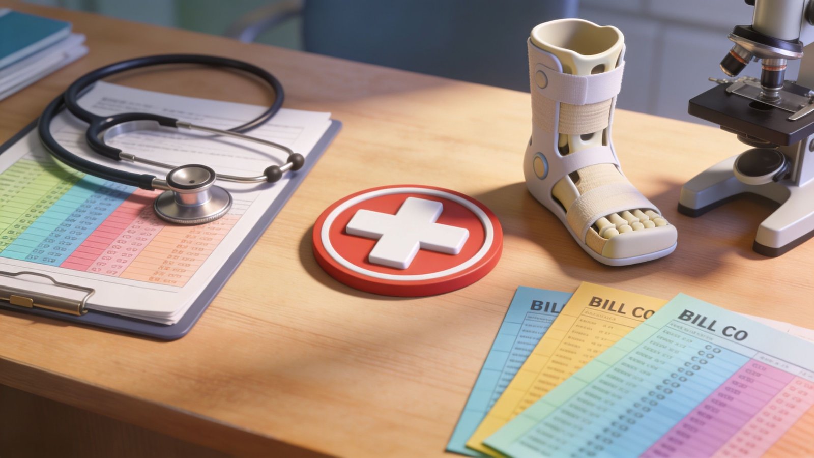 A medical desk displaying a stethoscope, a medical boot, a microscope, and health insurance billing documents.