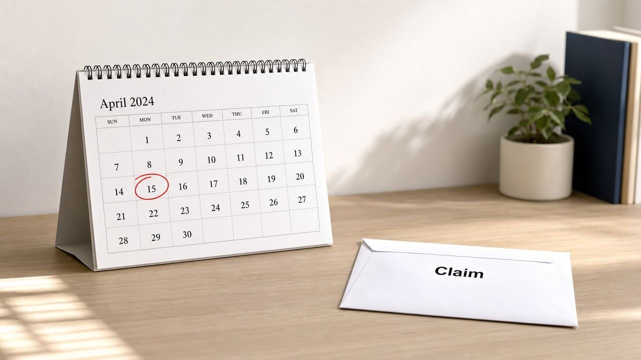 A calendar showing April 2024 with the 15th circled, placed next to a white envelope labeled Claim.