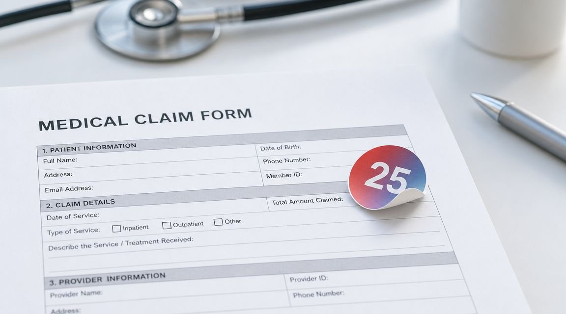 A medical claim form with a numbered sticker on a white desk with a stethoscope and pen.