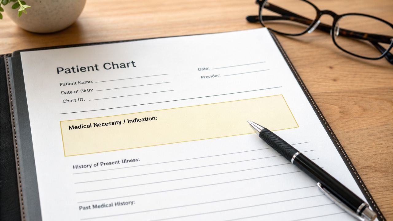 A close-up of a patient chart form on a wooden desk with a pen and eyeglasses nearby.