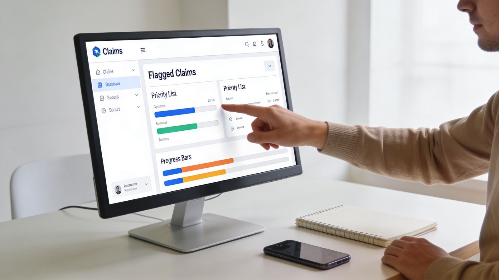 A professional analyzing health insurance claims data on a computer screen in a modern office environment.