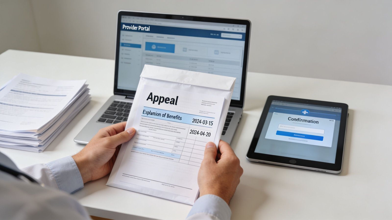 A healthcare professional reviewing an appeal document for an explanation of benefits in a professional office setting.