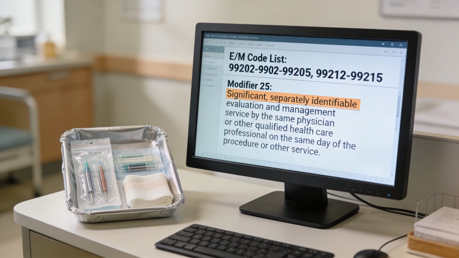 A computer screen displaying medical billing guidelines and Modifier 25 information next to a sterile medical kit.