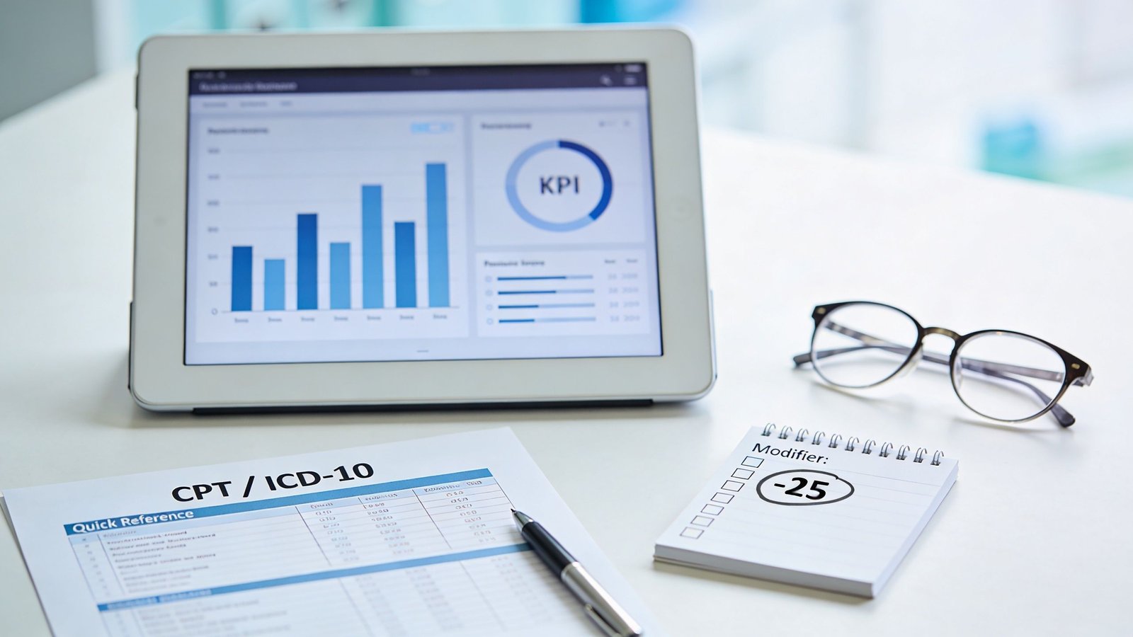 A digital tablet showing data charts next to a medical coding reference guide and glasses.