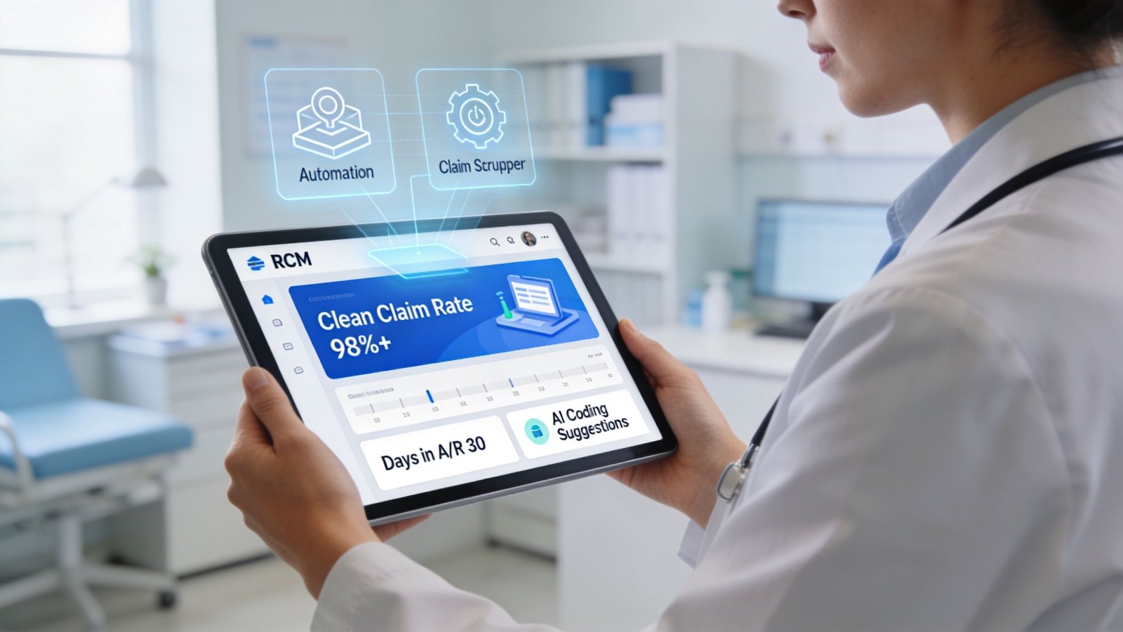 A healthcare professional holds a tablet displaying an RCM dashboard showing clean claim rates and AI insights.