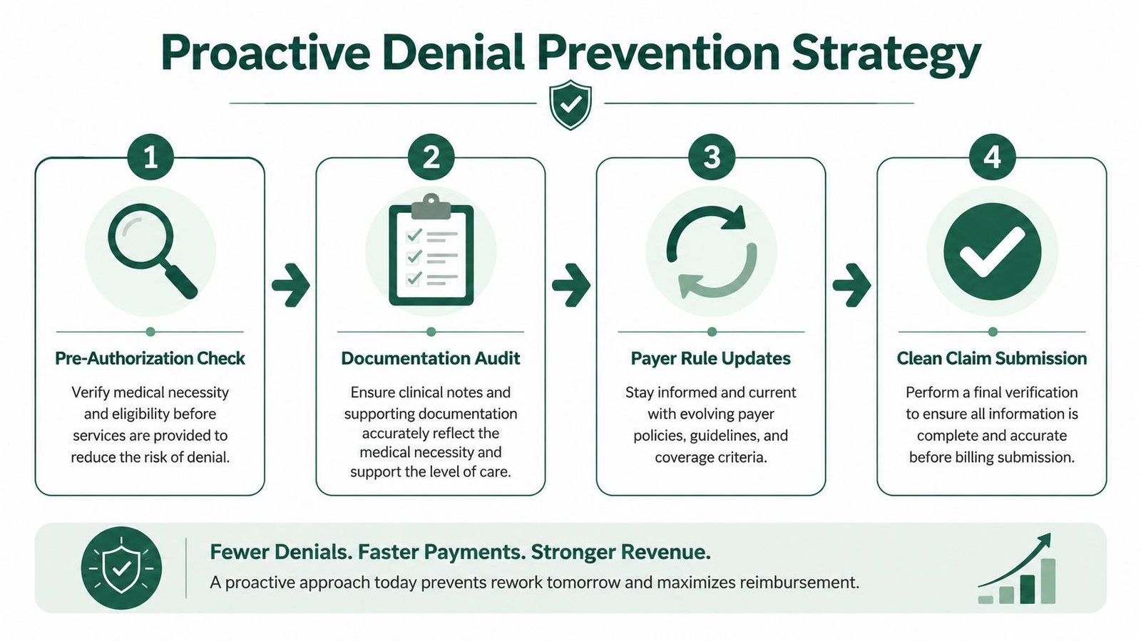 A four-step infographic illustrating a proactive denial prevention strategy for medical billing and insurance claim management.