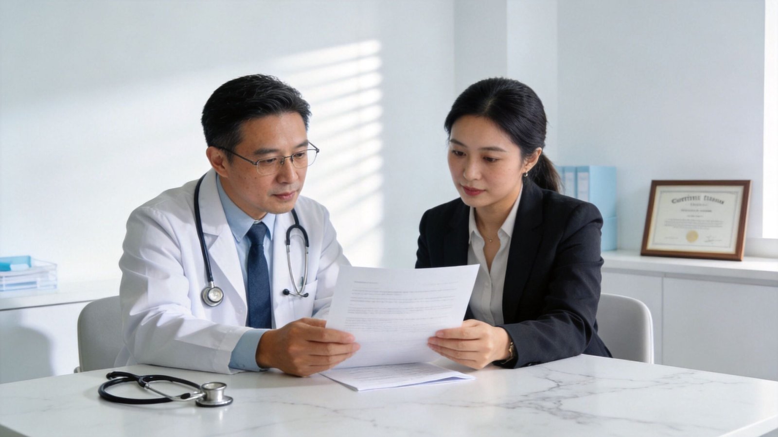 A professional doctor in a white coat explains medical paperwork to a woman in a business suit.