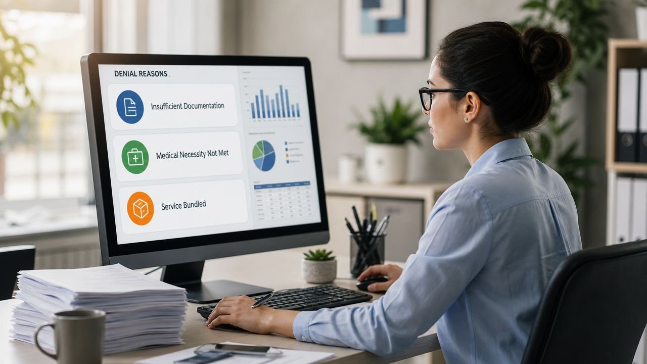 A professional analyzing medical claim denial reasons on a computer screen in a busy office setting.