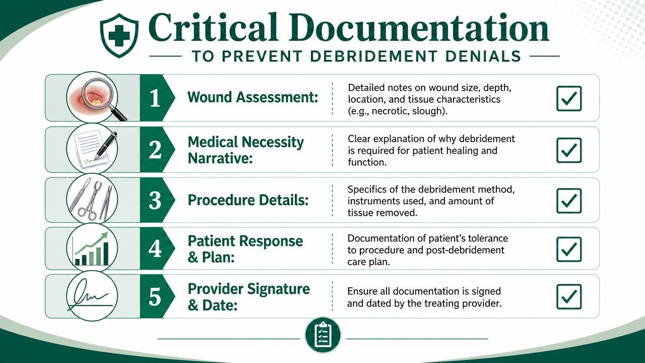 An infographic titled Critical Documentation to Prevent Debridement Denials, detailing five essential steps for medical wound procedure records.