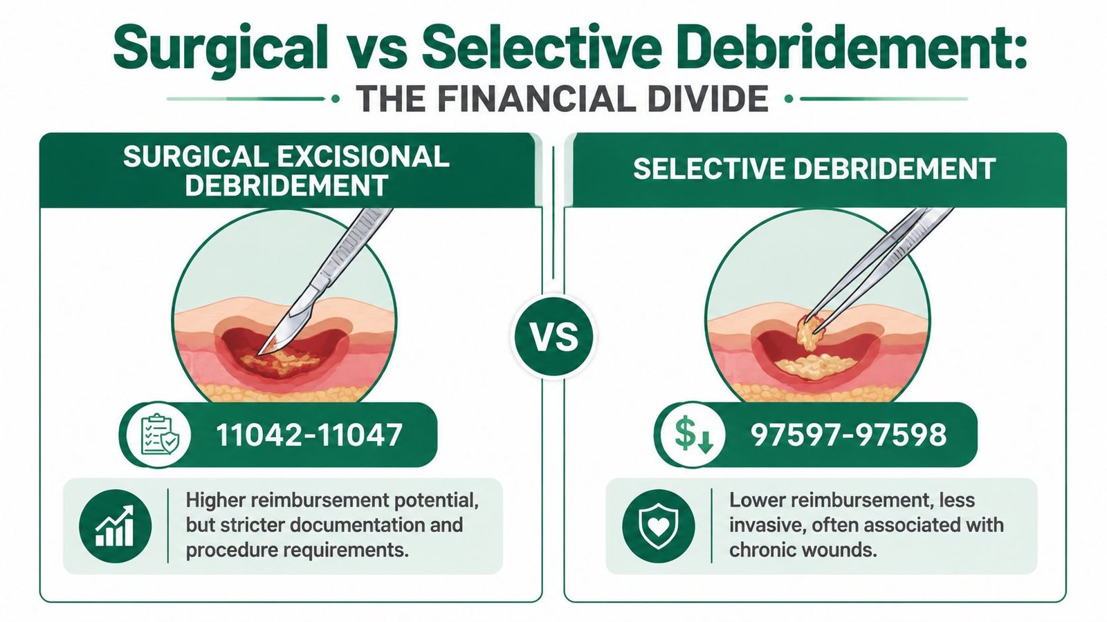 An infographic comparing surgical excisional debridement and selective debridement, including their respective CPT code ranges and financial characteristics.
