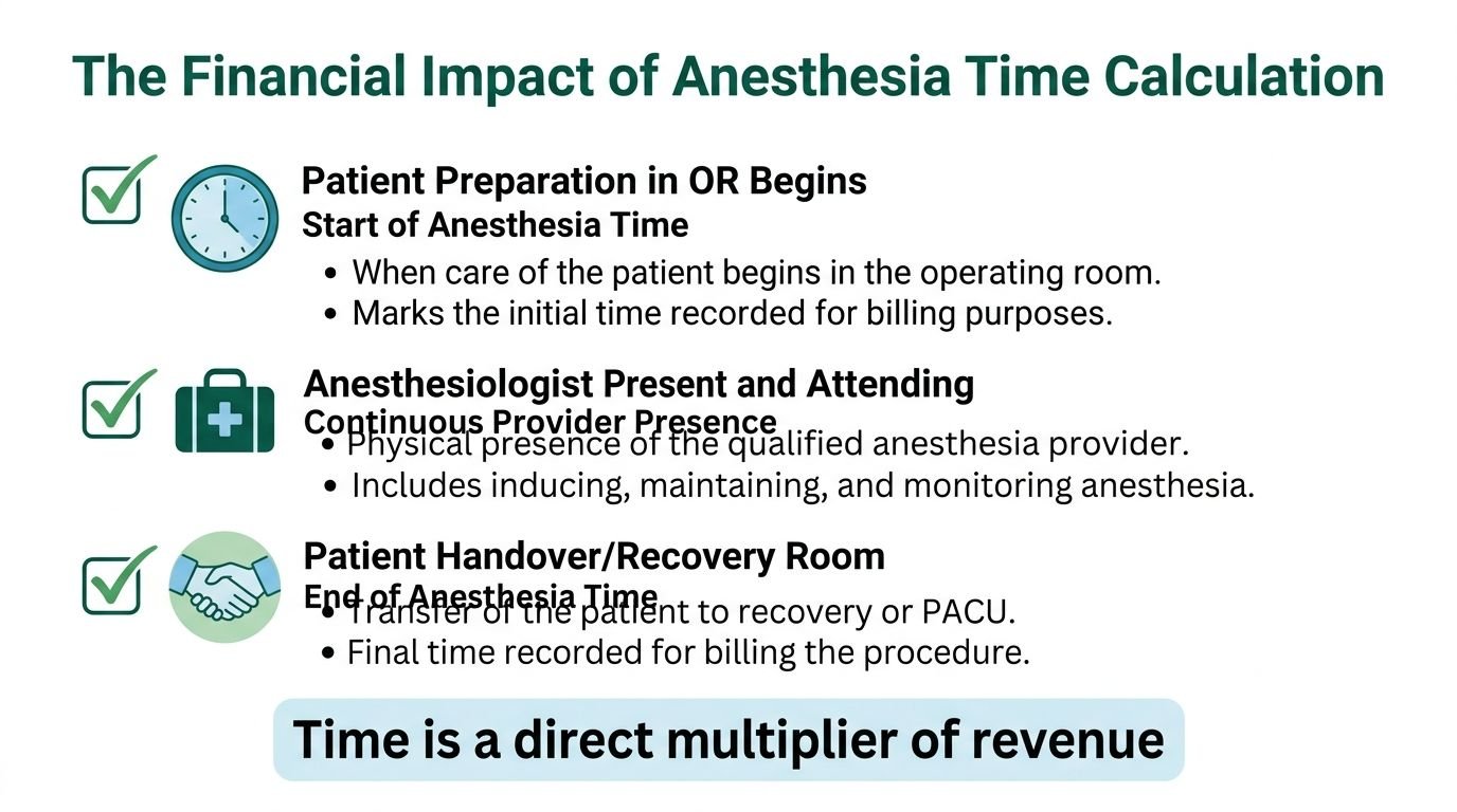 An infographic detailing the three key stages of anesthesia time calculation for clinical billing purposes.
