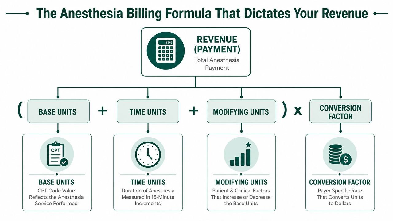 A diagram illustrating the anesthesia billing formula consisting of base, time, and modifying units multiplied by a conversion factor.