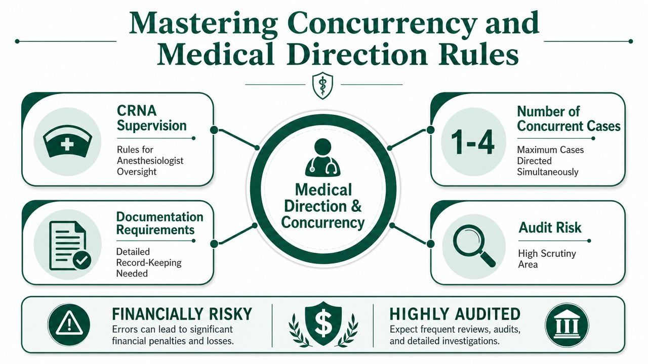 A diagram explaining anesthesia medical direction and concurrency rules, including supervision, documentation, and financial audit risks.