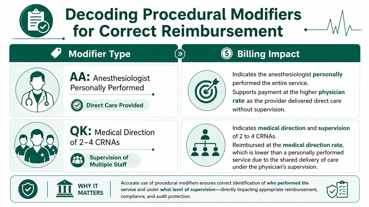 An infographic detailing anesthesia procedural modifiers AA and QK and their impact on medical billing reimbursement.