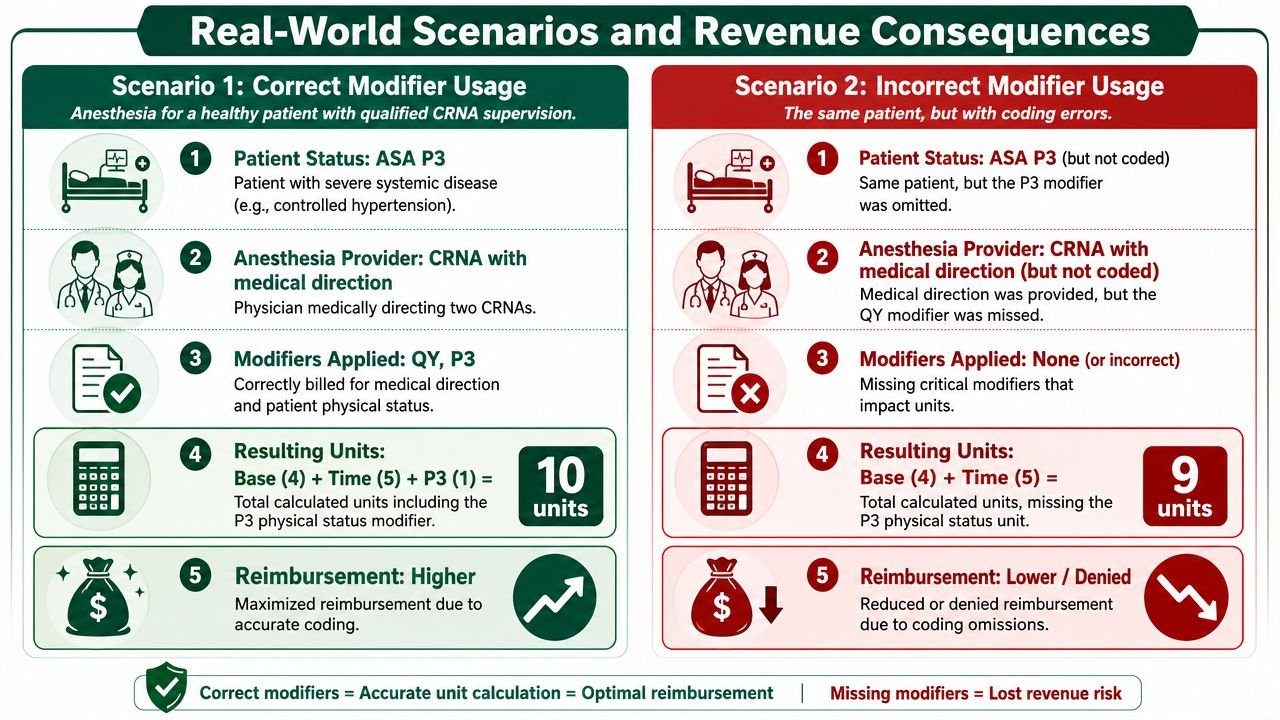 A comparative infographic showing how correct versus incorrect anesthesia modifier coding impacts revenue and unit calculations.