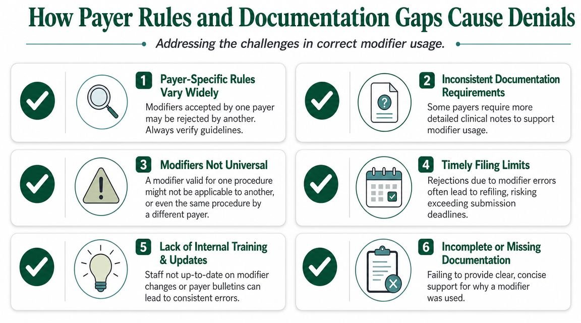 An infographic titled How Payer Rules and Documentation Gaps Cause Denials with six numbered points explaining medical billing issues.