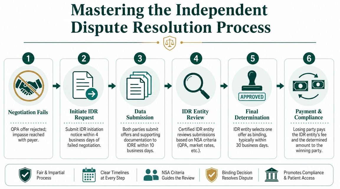 A six-step infographic explaining the Independent Dispute Resolution process for medical billing under the No Surprises Act.