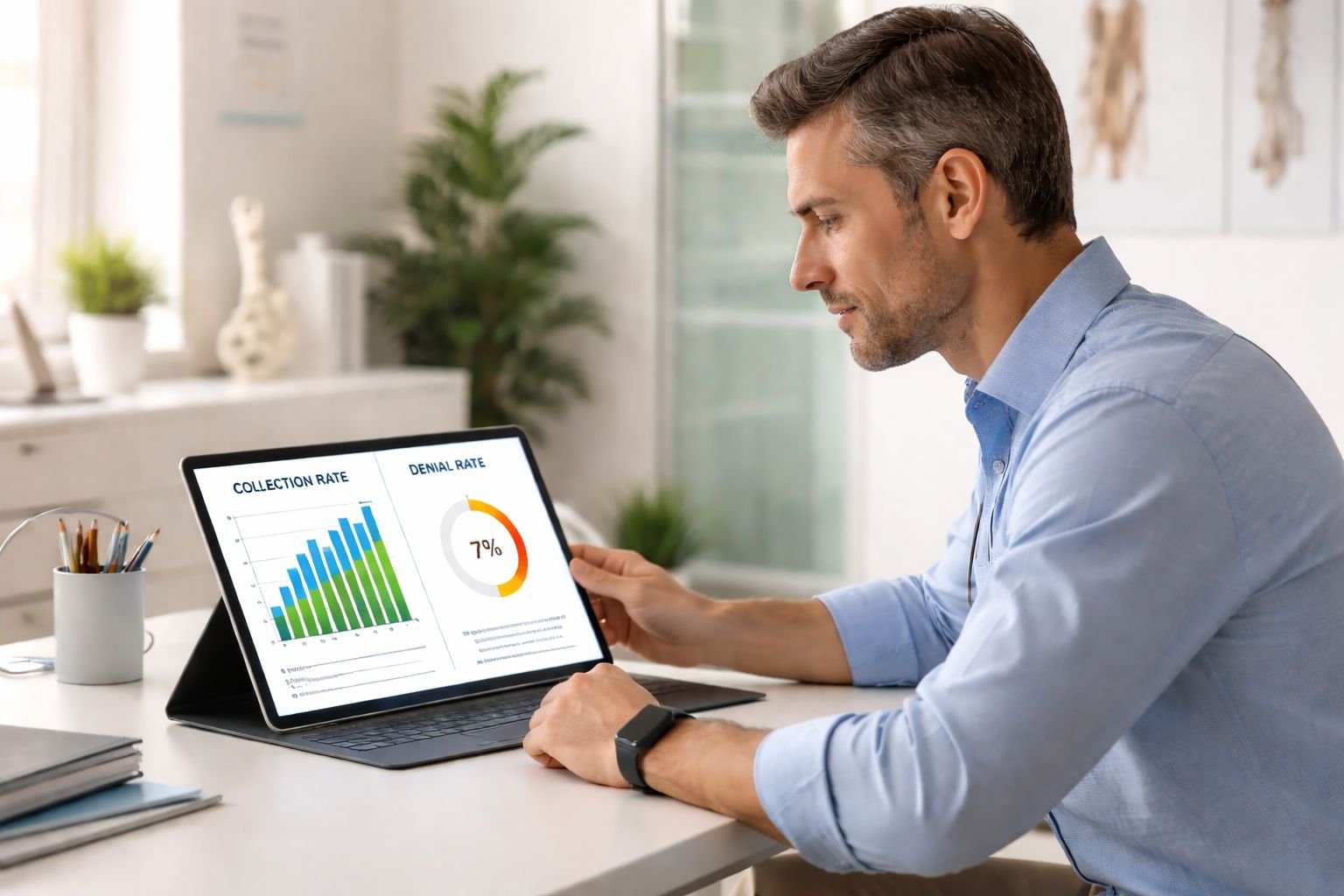 A professional man in a blue shirt reviewing financial data on a digital tablet at his desk.