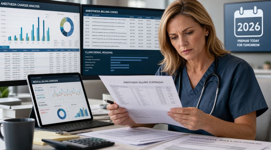 A medical professional reviewing anesthesia billing statements and data analytics on screens at her office desk.